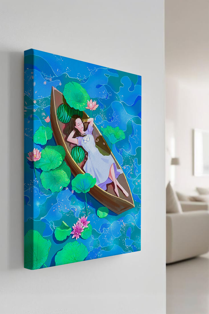 Serene illustration of a girl relaxing in a boat surrounded by lotus leaves and flowers
