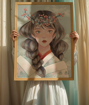 Illustration d'une jeune femme avec une coiffe florale sur fond de ciel nuageux