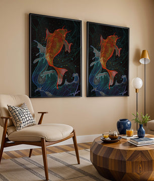 Koi Fish with Abstract Waves in Vibrant Colors