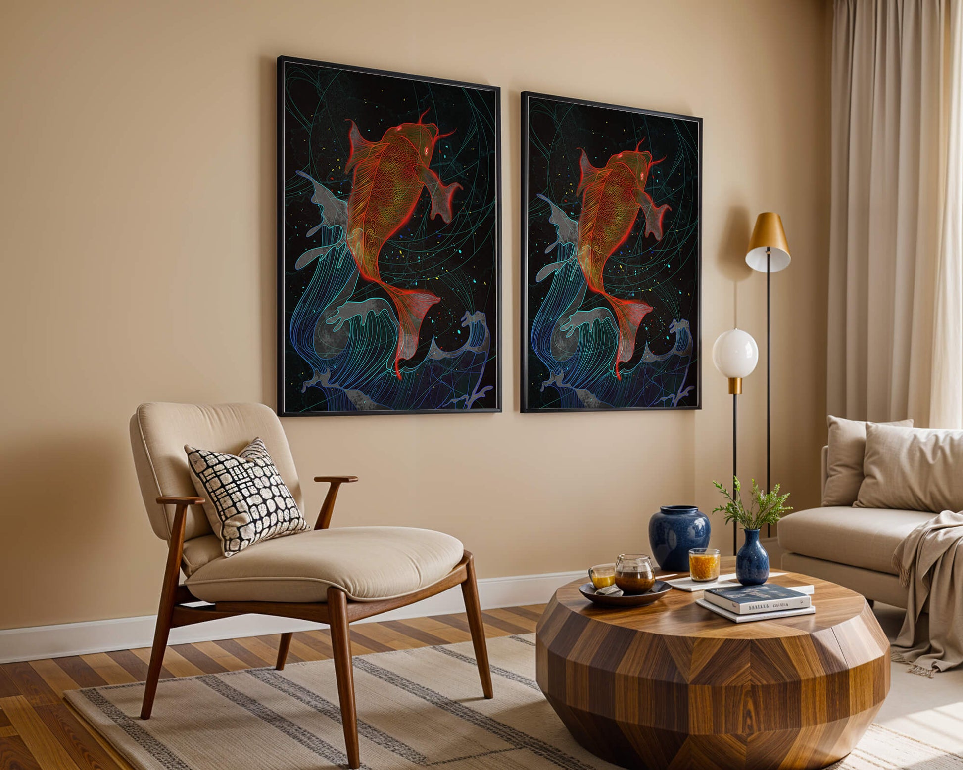Koi Fish with Abstract Waves in Vibrant Colors