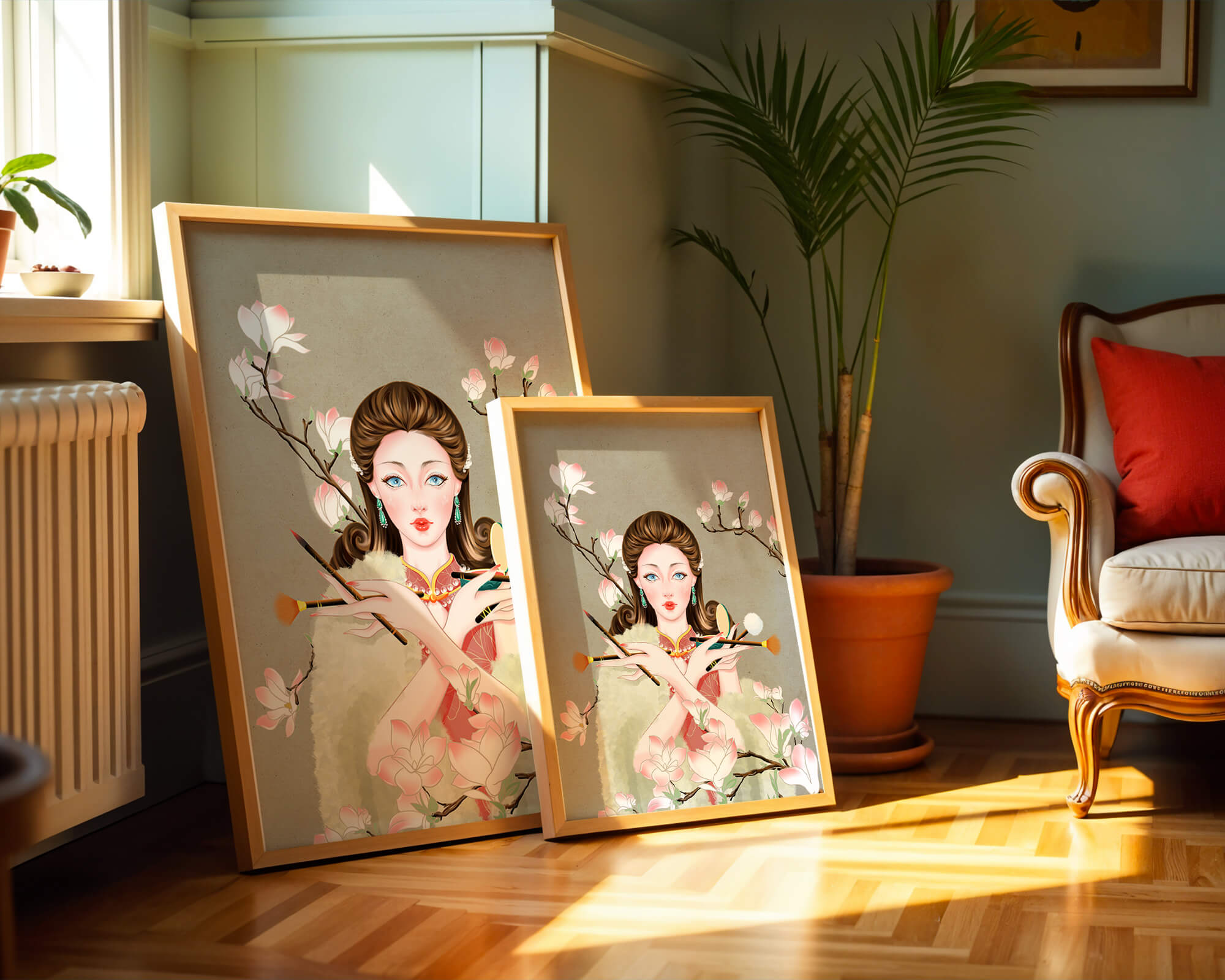Elegant woman with makeup tools amidst blooming magnolia branches