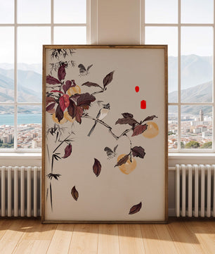Elegant nature illustration featuring butterflies and birds on a branch