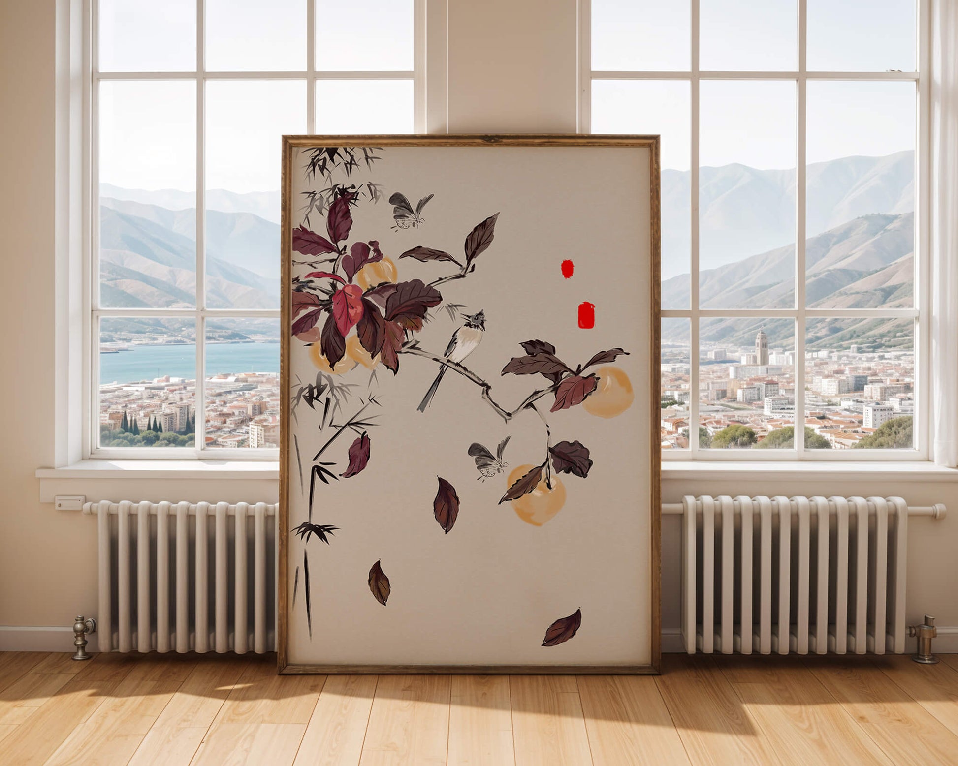 Elegant nature illustration featuring butterflies and birds on a branch