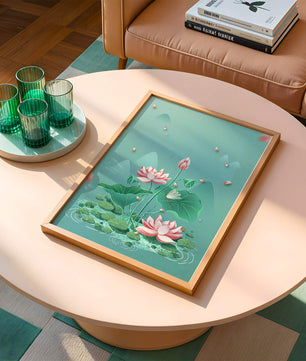 Illustration sereine de fleurs de lotus dans un étang paisible avec des montagnes
