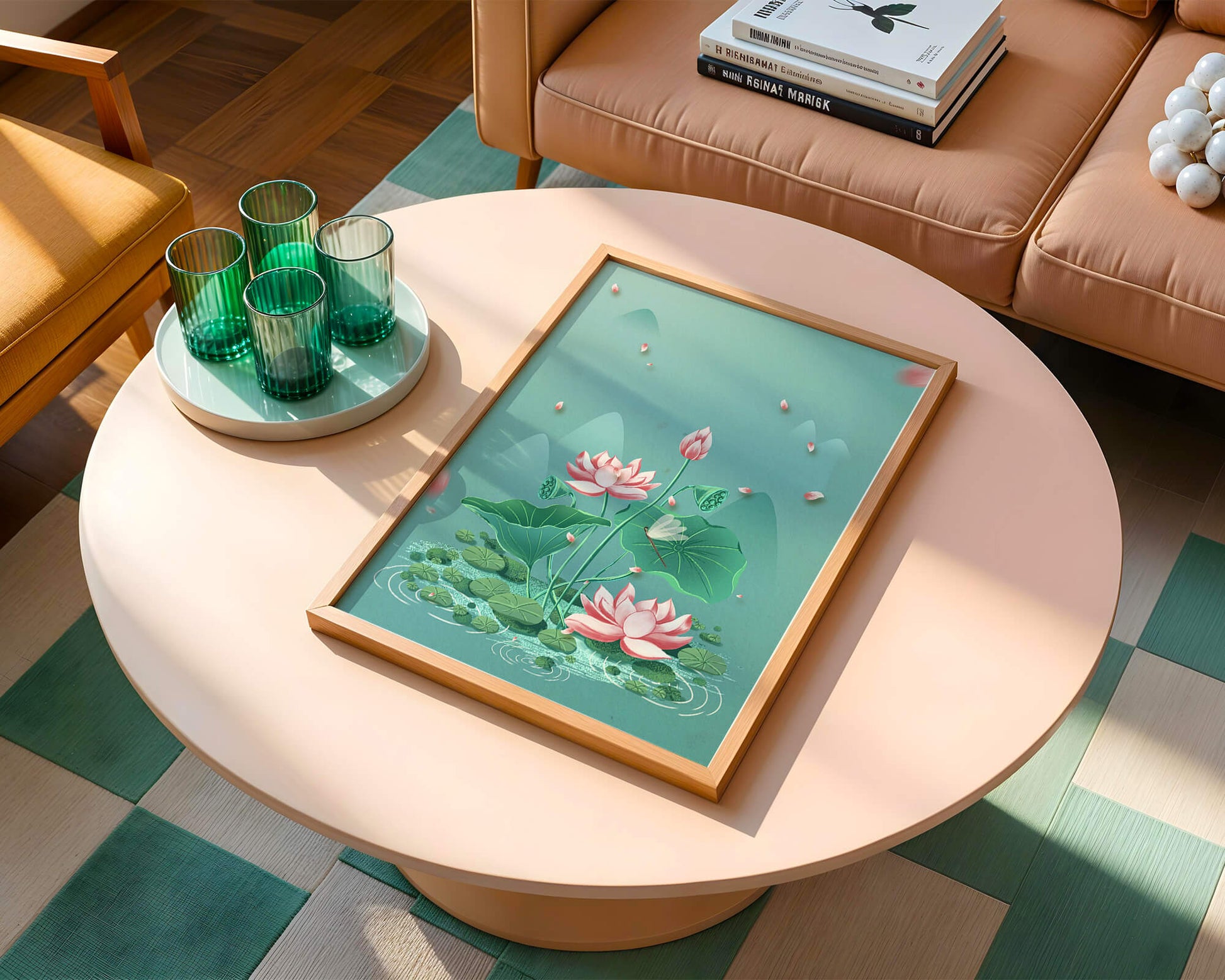 Serene illustration of lotus flowers in a tranquil pond setting with mountains
