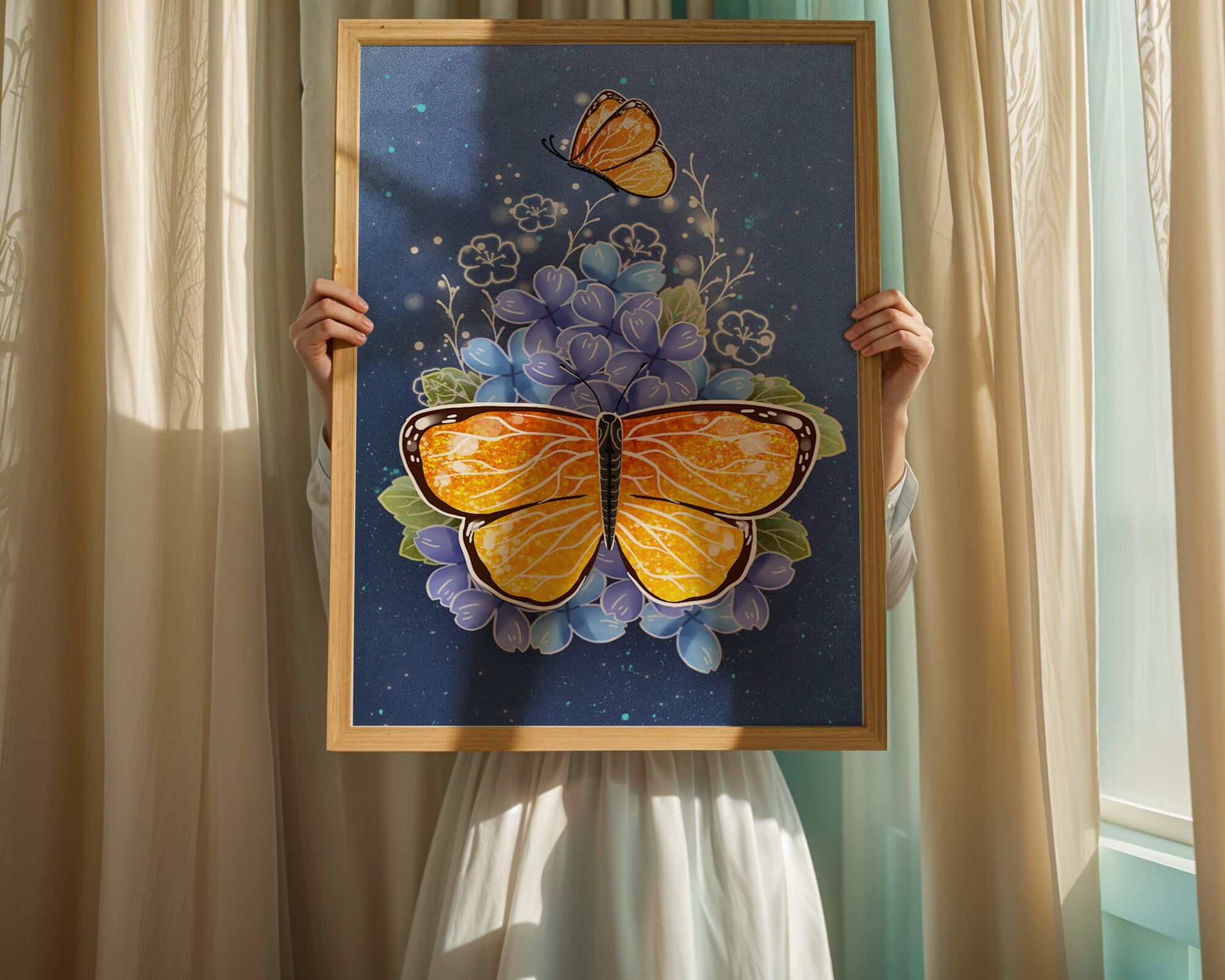 Colorida ilustración de mariposa y flores azules
