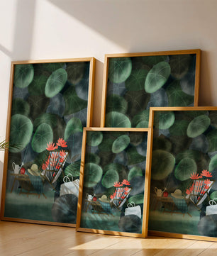 Garden Scene with Flowers, Table, and Chair in a Leafy Backdrop