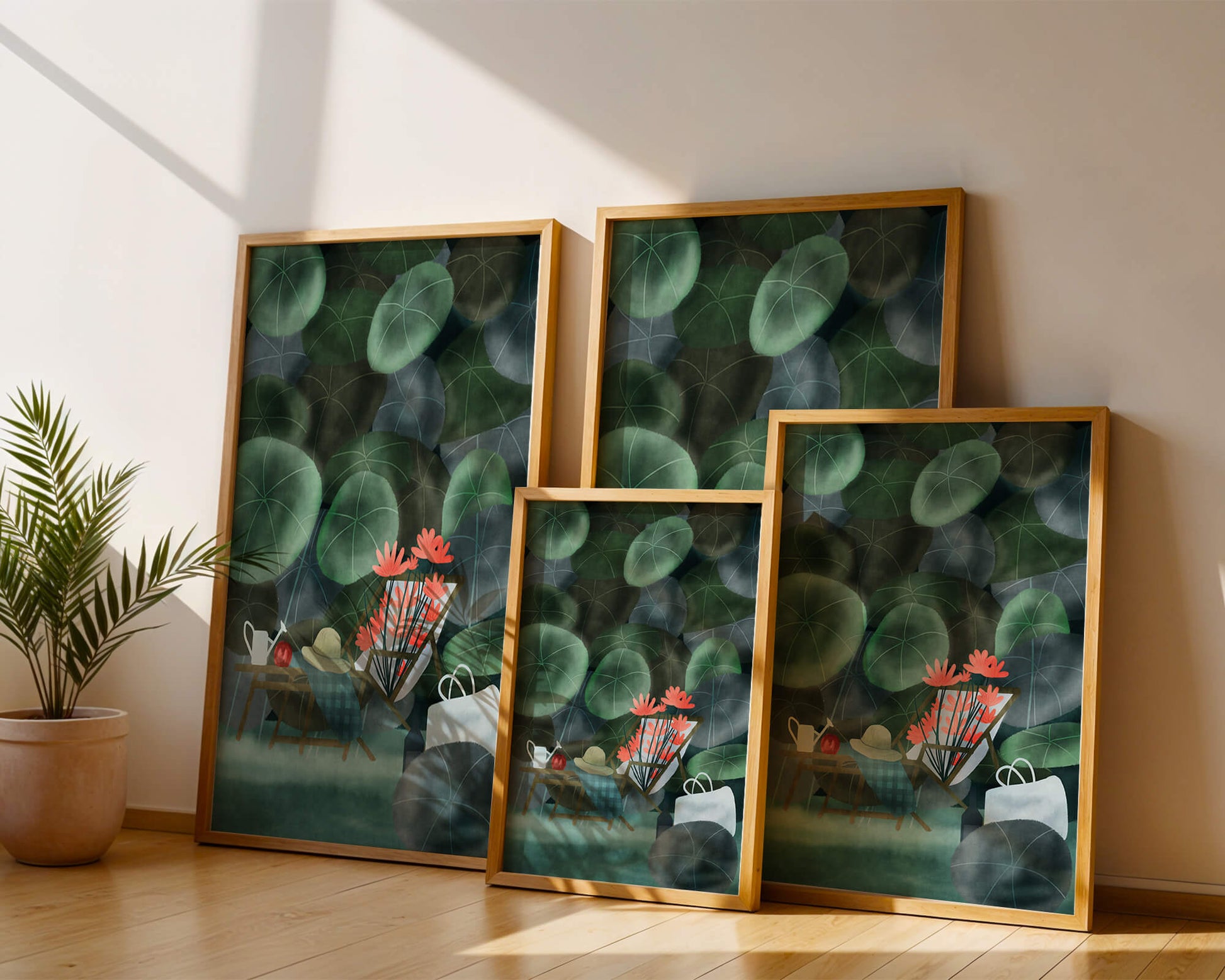 Garden Scene with Flowers, Table, and Chair in a Leafy Backdrop