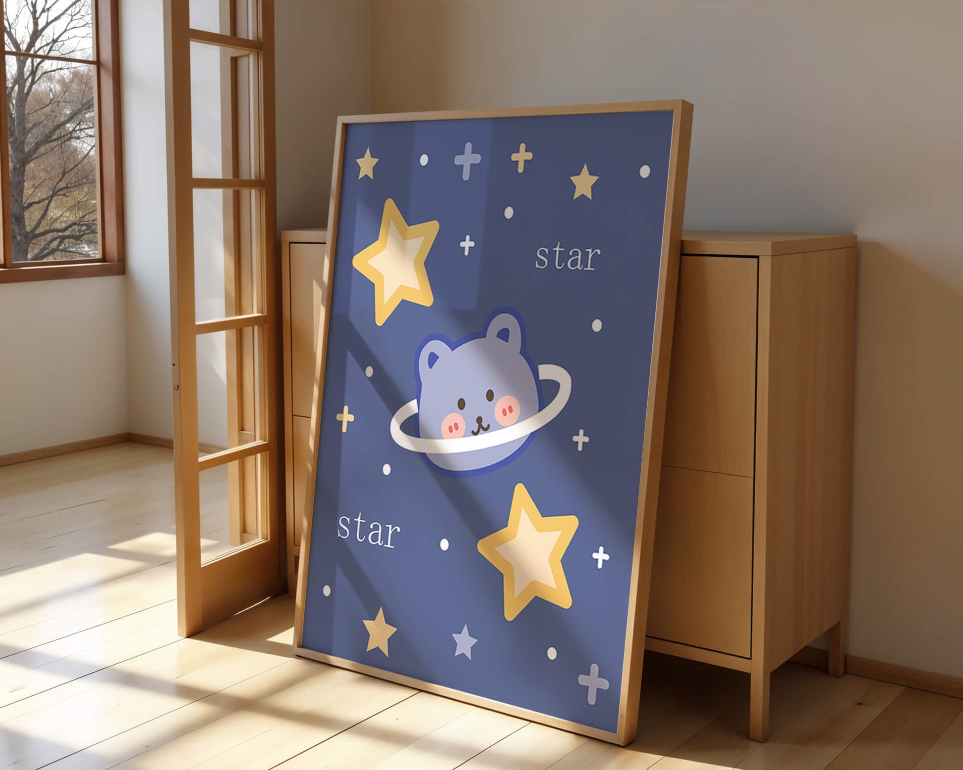 Adorable cartoon bear with stars on a blue background