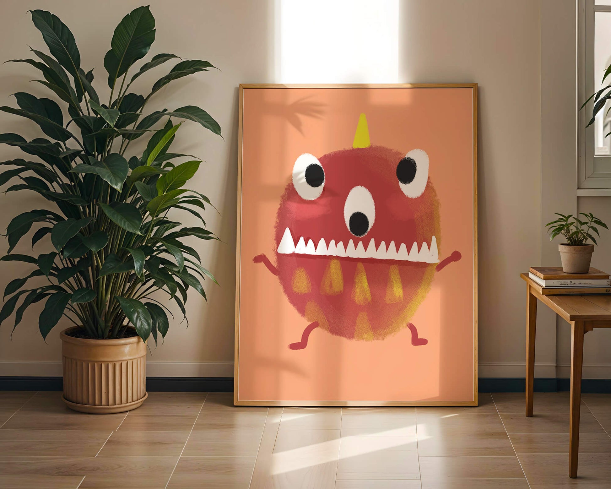 Monstruo colorido con rasgos geométricos y expresión lúdica.