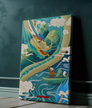 Colorful dragon and child illustration with vibrant waves and clouds