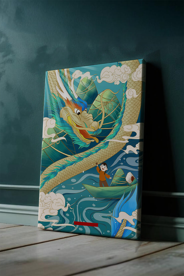 Colorful dragon and child illustration with vibrant waves and clouds