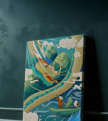 Colorful dragon and child illustration with vibrant waves and clouds