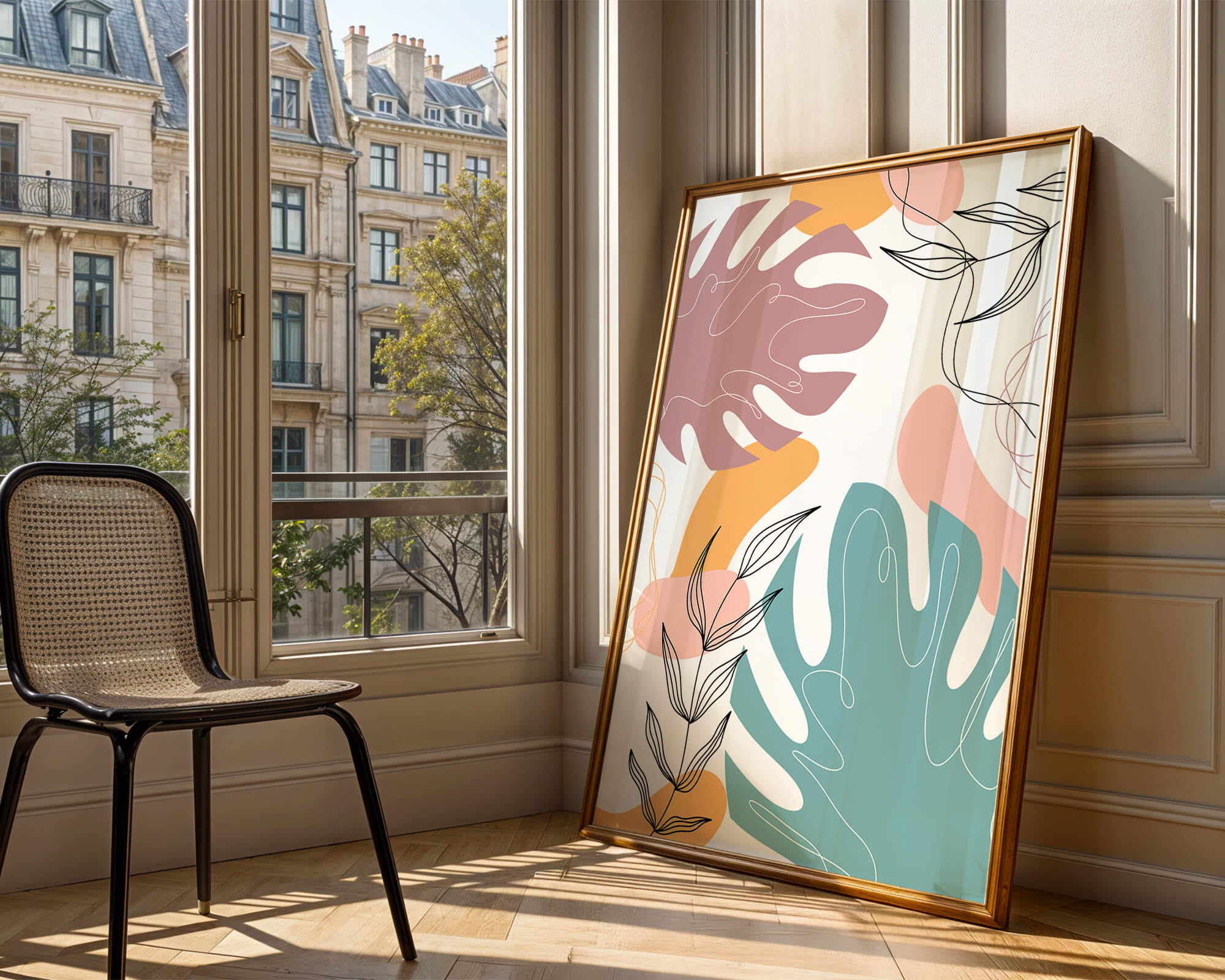 Abstract botanical illustration with colorful leaf patterns