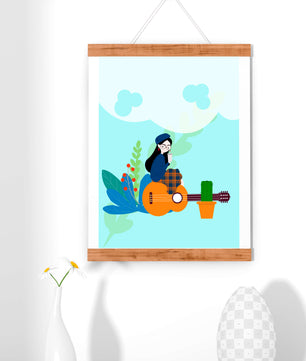 Illustration of a woman with coffee sitting on a guitar surrounded by foliage