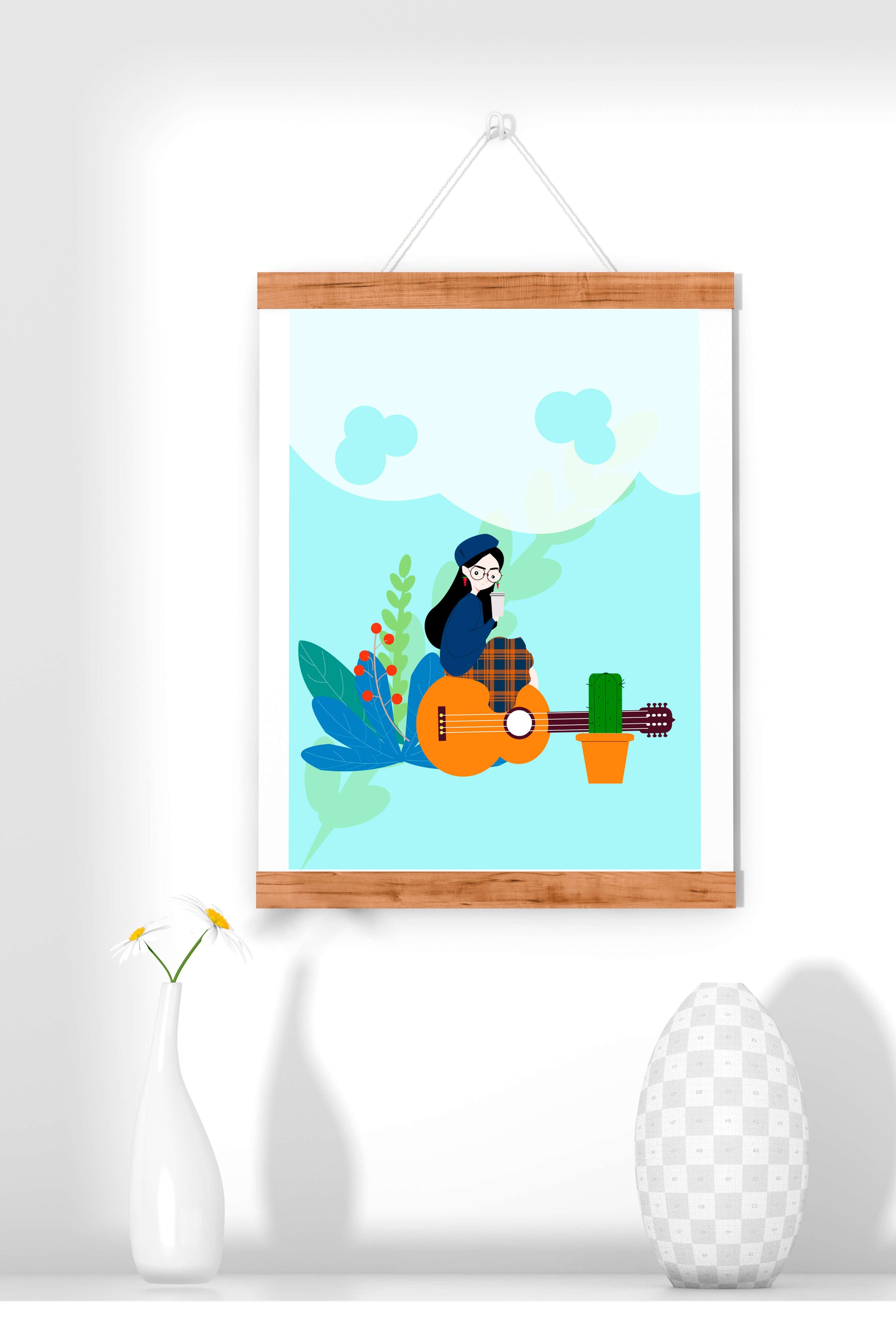 Illustration of a woman with coffee sitting on a guitar surrounded by foliage