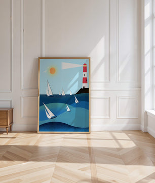 Coastal scene with sailboats and lighthouse on a bright sunny day