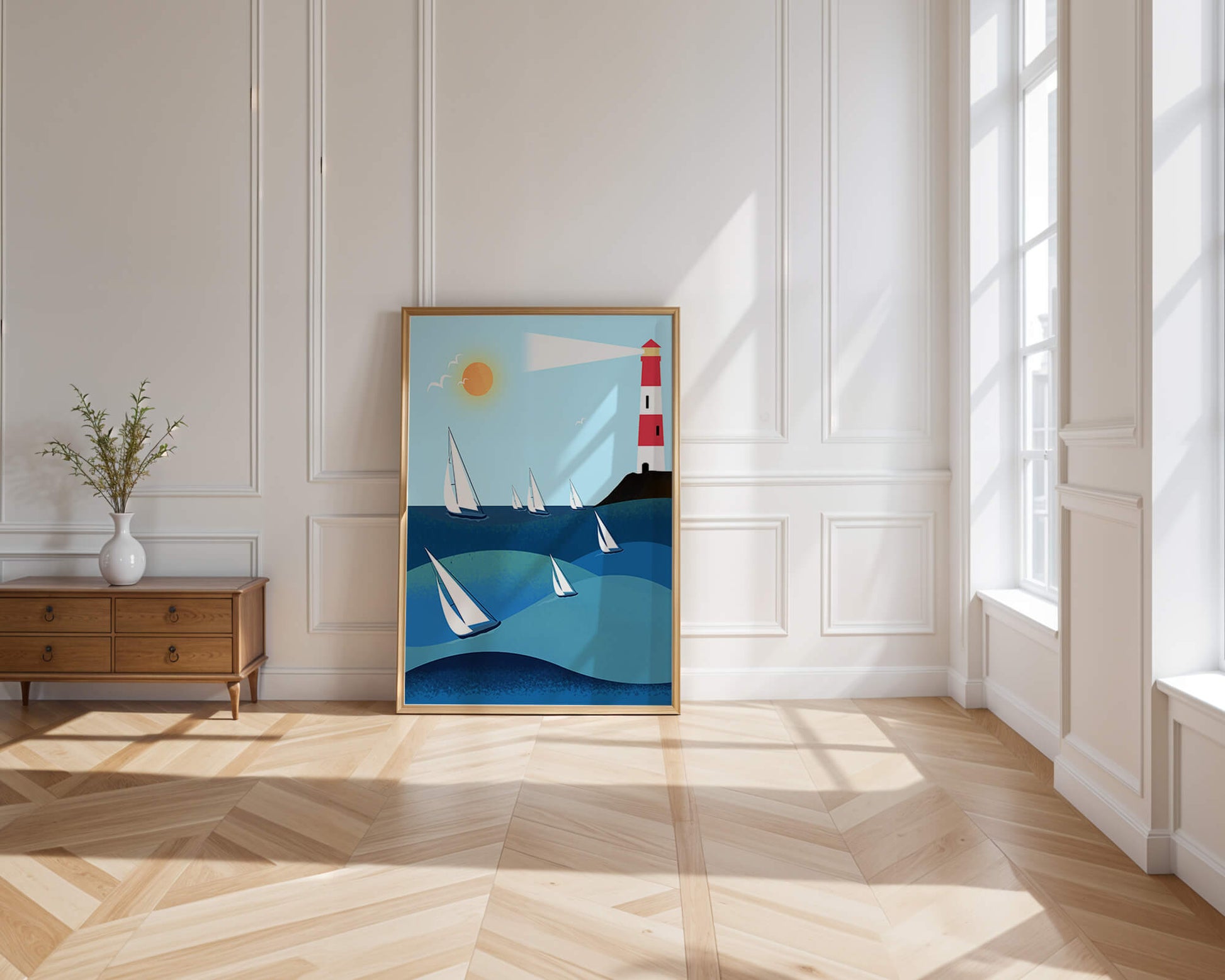 Coastal scene with sailboats and lighthouse on a bright sunny day