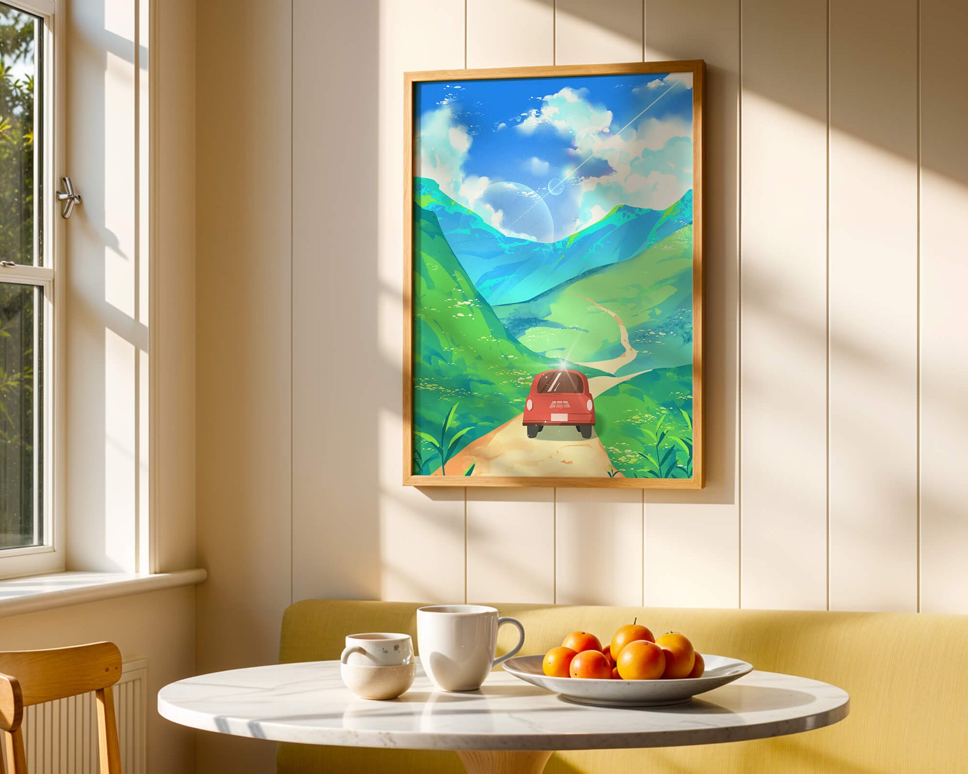 Red Car on a Scenic Road Through Green Hills Under a Vibrant Blue Sky