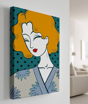 Retrato estilizado de una mujer con cabello naranja y kimono floral