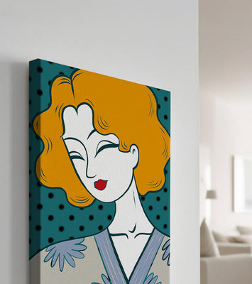 Stylized portrait of a woman with orange hair and floral kimono
