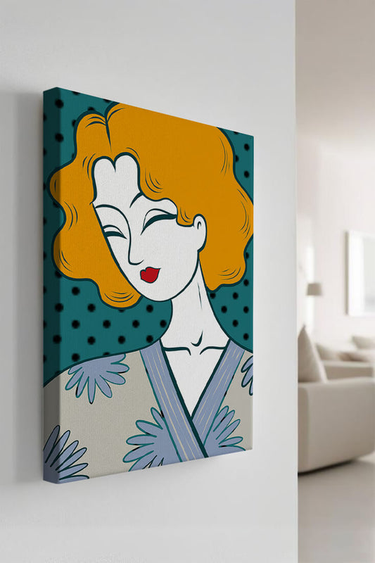 Stylized portrait of a woman with orange hair and floral kimono