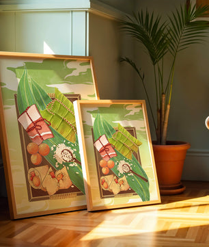 Traditional dumplings wrapped in leaves with ingredients on a vibrant background