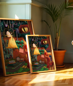 Jardín encantado con hada, serpiente y elementos misteriosos