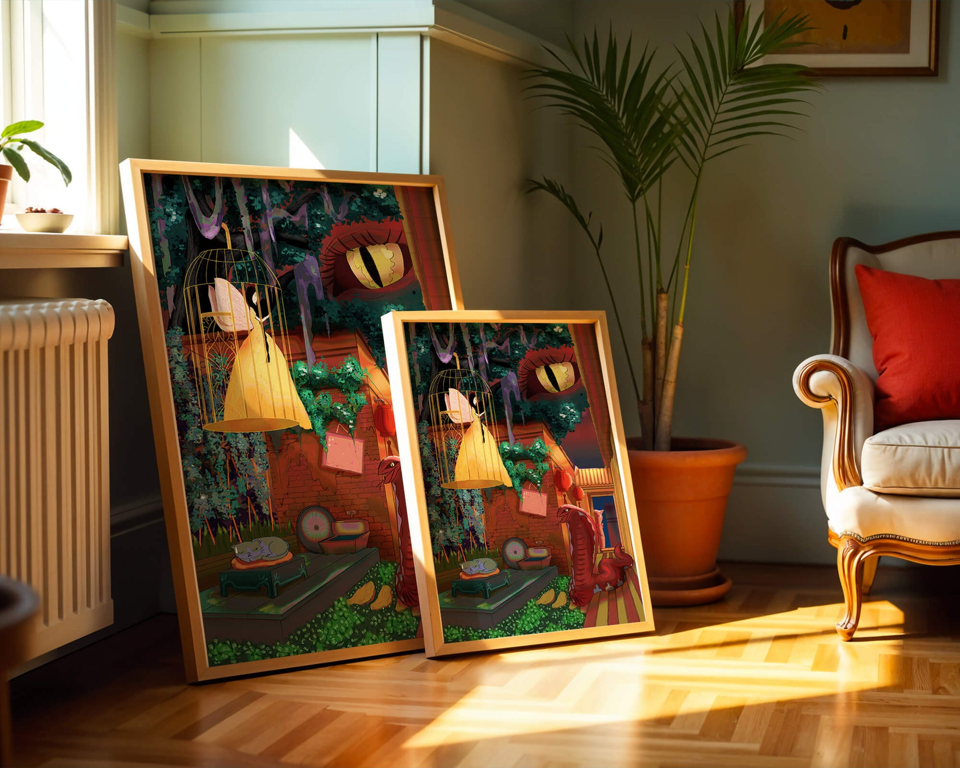 Enchanted garden with fairy, snake, and mysterious elements