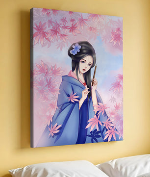 Ilustración elegante de una geisha con kimono azul y hojas rosadas
