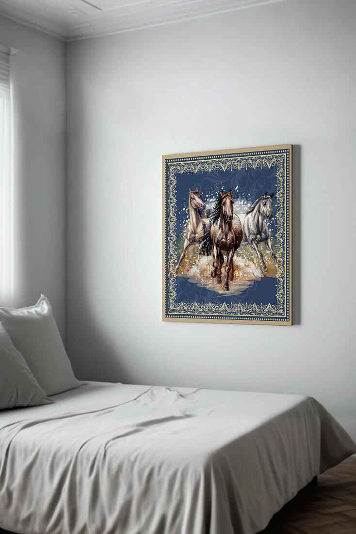 Running horses framed with elegant golden border on a blue background