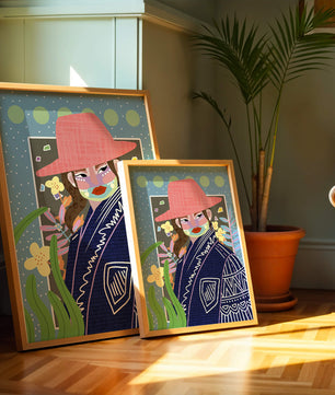 Retrato colorido con patrones y elementos abstractos