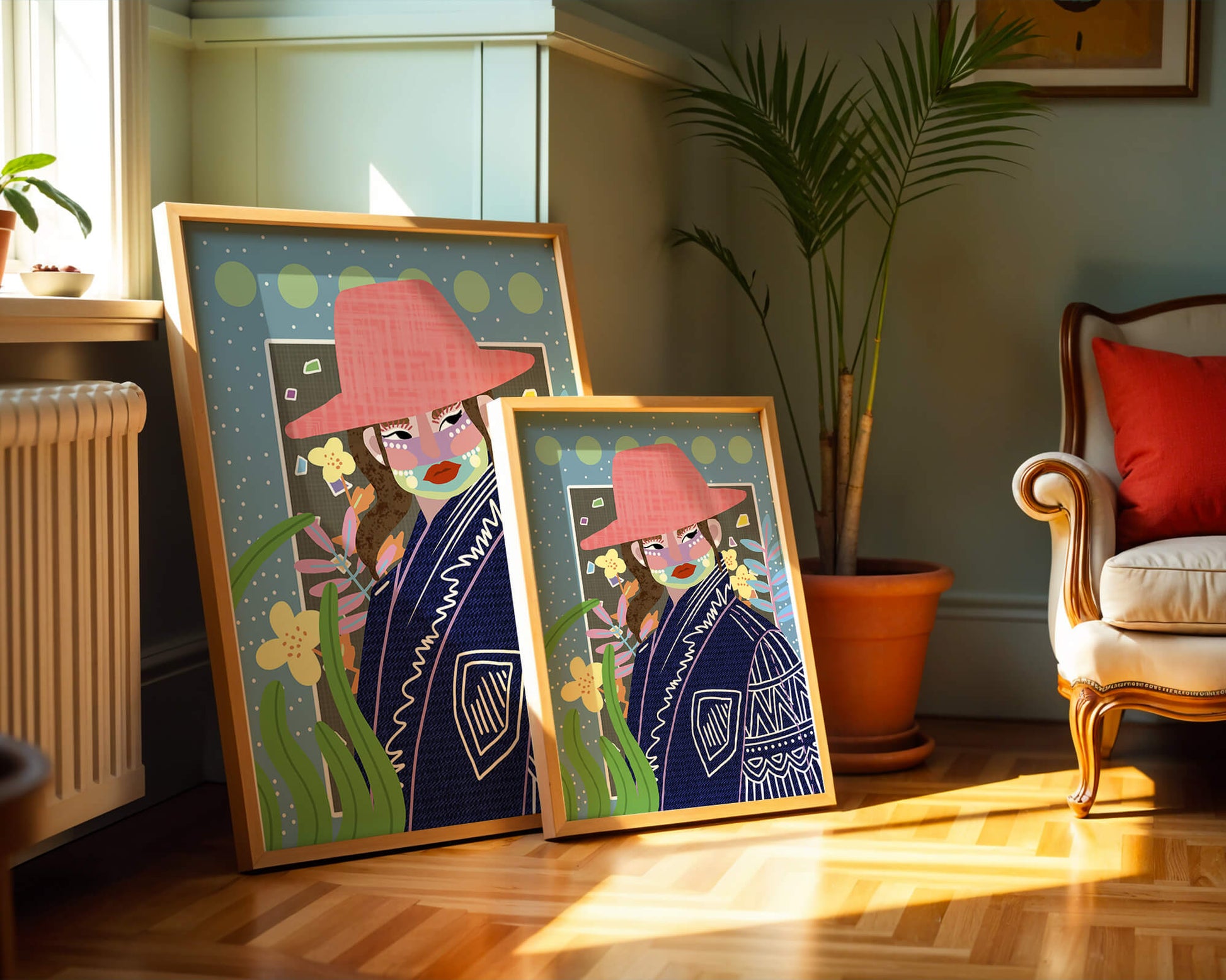 Retrato colorido con patrones y elementos abstractos