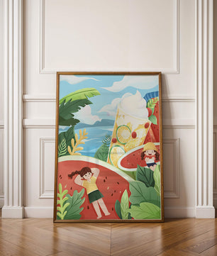 Paysage estival coloré avec des fruits tropicaux et des enfants qui se détendent