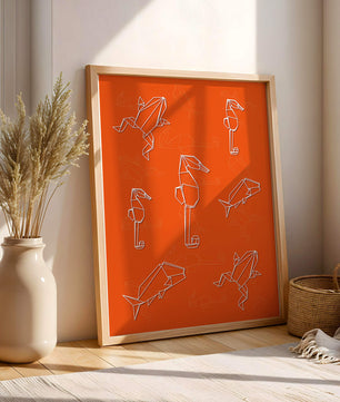 Geometrische Tiermuster auf leuchtend orangefarbenem Hintergrund