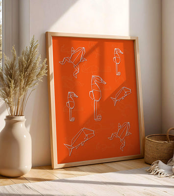 Geometric animal patterns on vibrant orange background