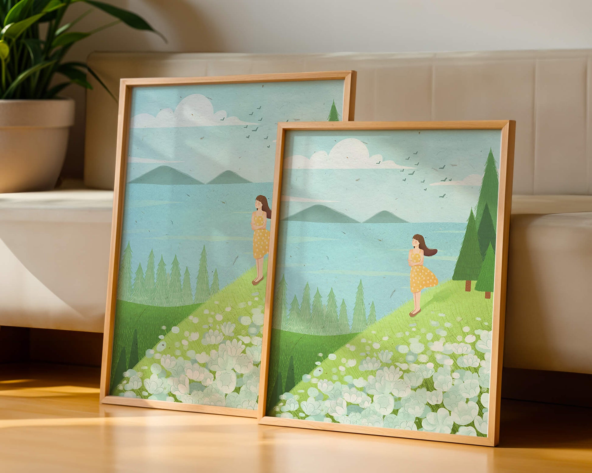 Mujer en vestido amarillo en la ladera con flores y árboles