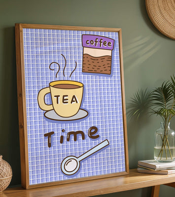 Cozy tea and coffee themed illustration with cup and spoon on plaid background