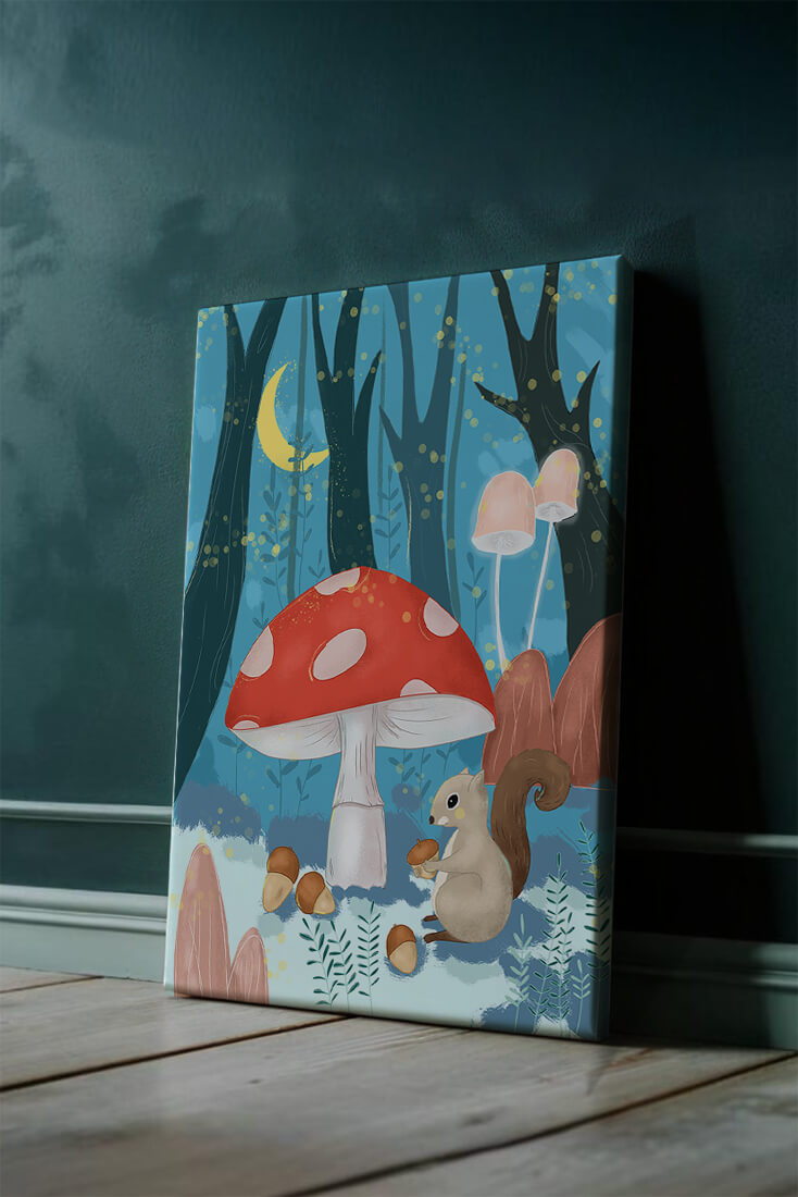 Escena caprichosa de bosque con ardillas y hongos bajo la luz de la luna.