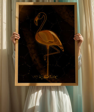Elegant golden flamingo on abstract dark background