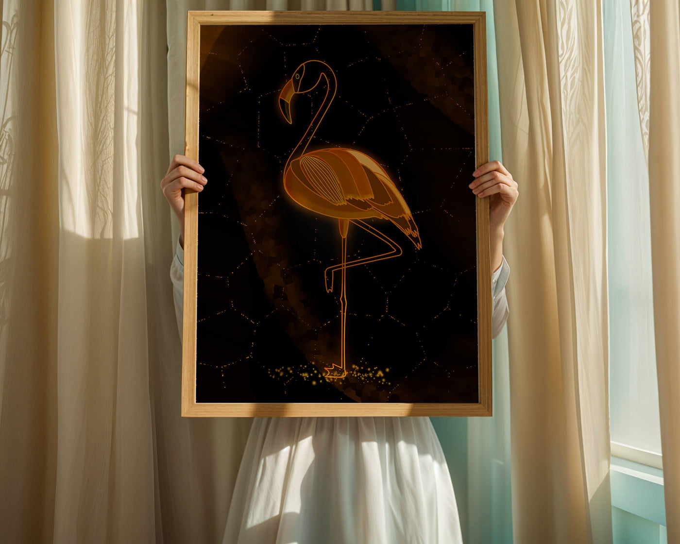 Elegant golden flamingo on abstract dark background