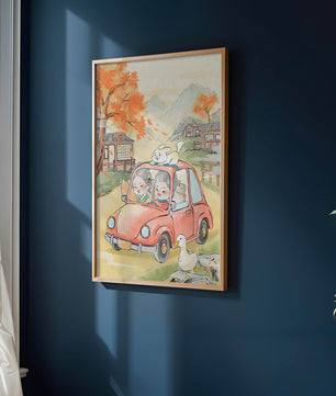 Charmante Landfahrt mit verspielten Charakteren und herbstlicher Landschaft