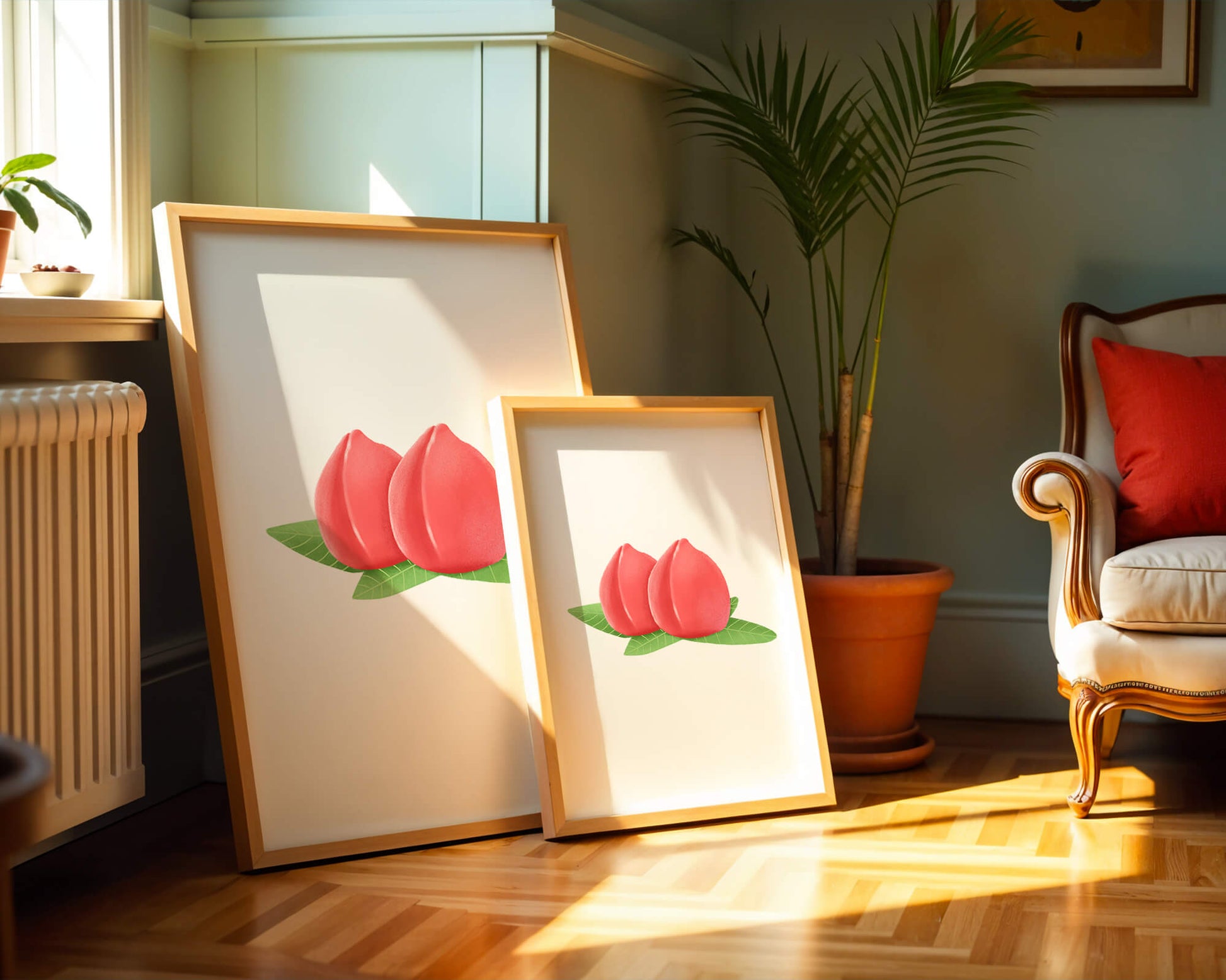 Realistic illustration of juicy peaches with green leaves