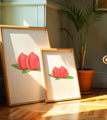 Realistic illustration of juicy peaches with green leaves