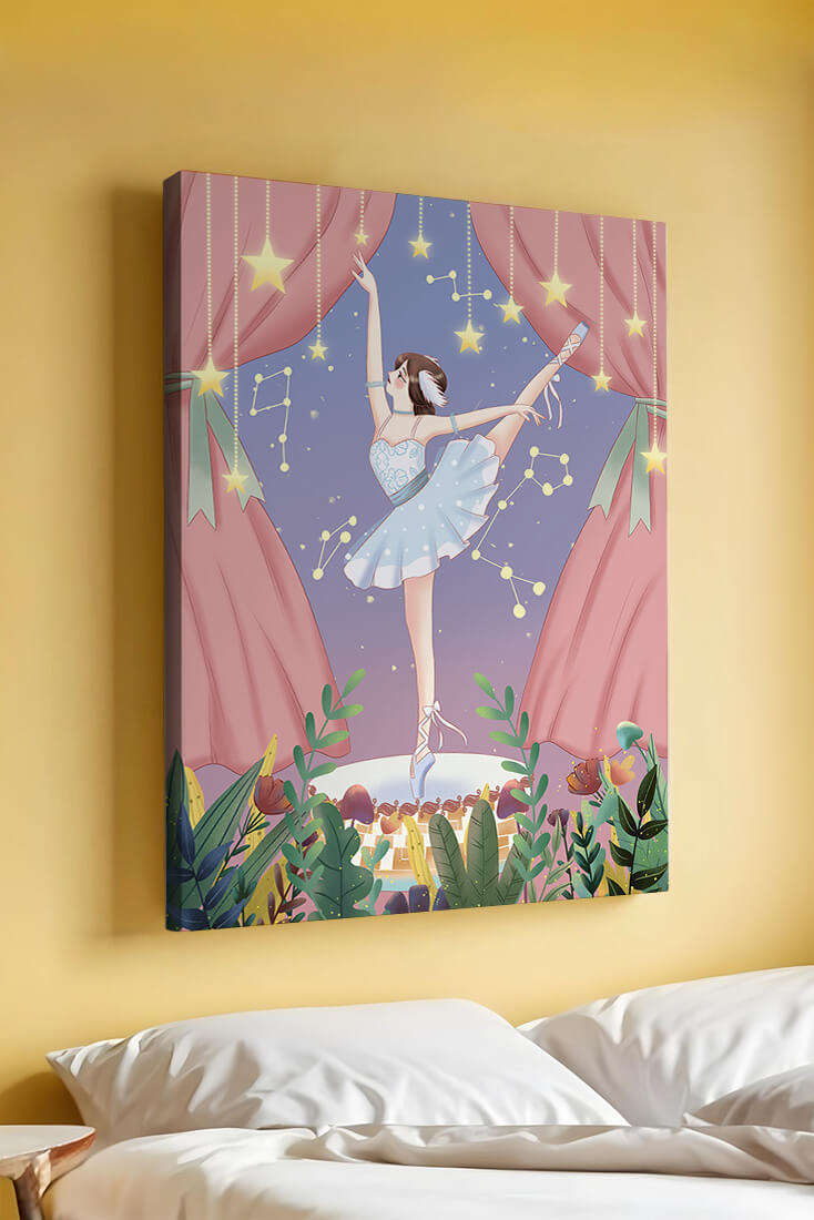 Graceful ballerina performing under starry sky on stage