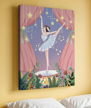 Graceful ballerina performing under starry sky on stage