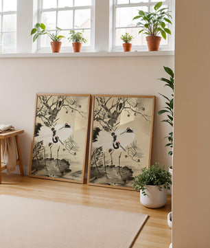 Traditional Japanese Painting of Cranes with Pine Tree and Gold Details