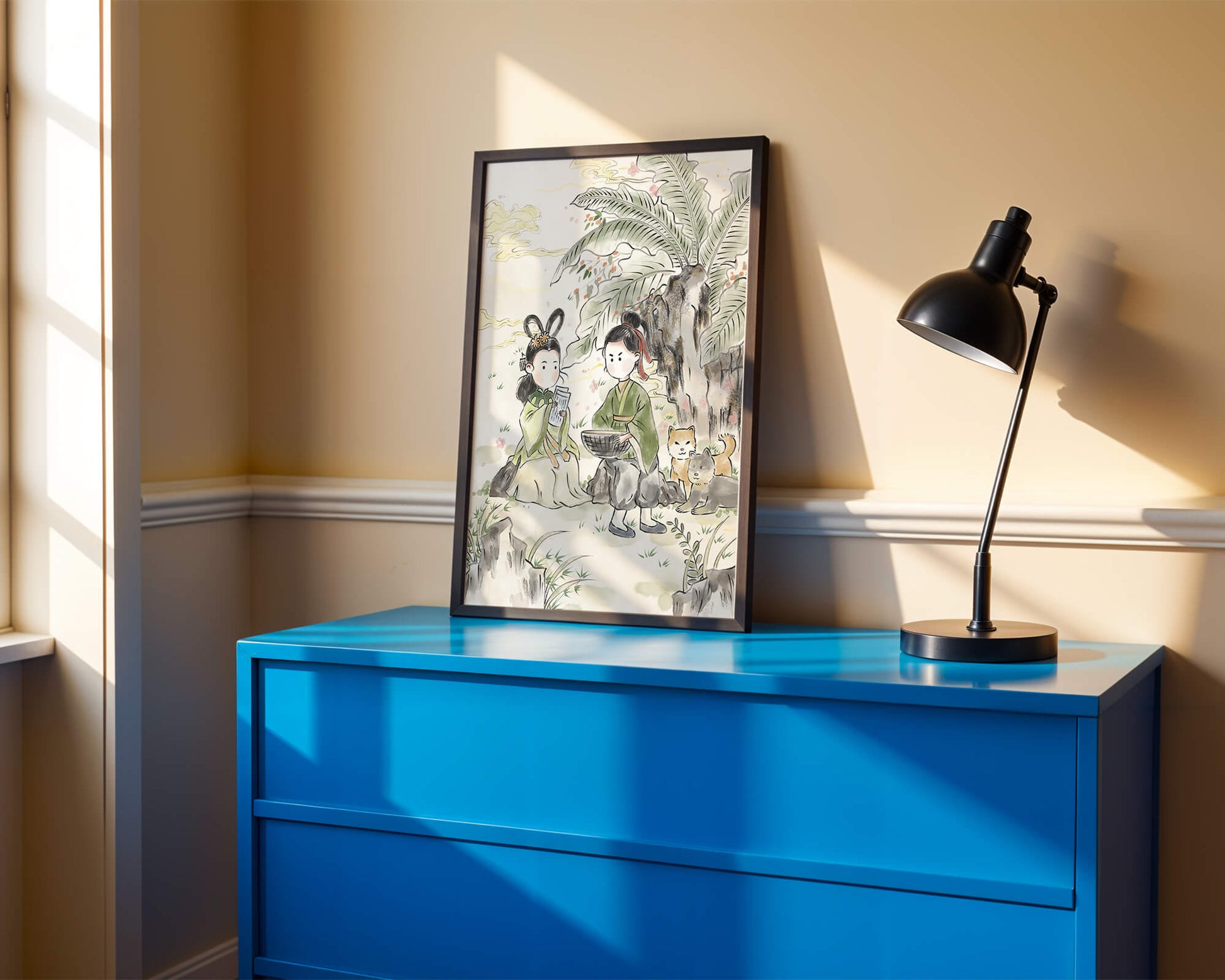 Arte asiático tradicional con dos personas y perros bajo un árbol