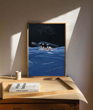Surreal illustration of a bottle on the ocean with a starry night sky