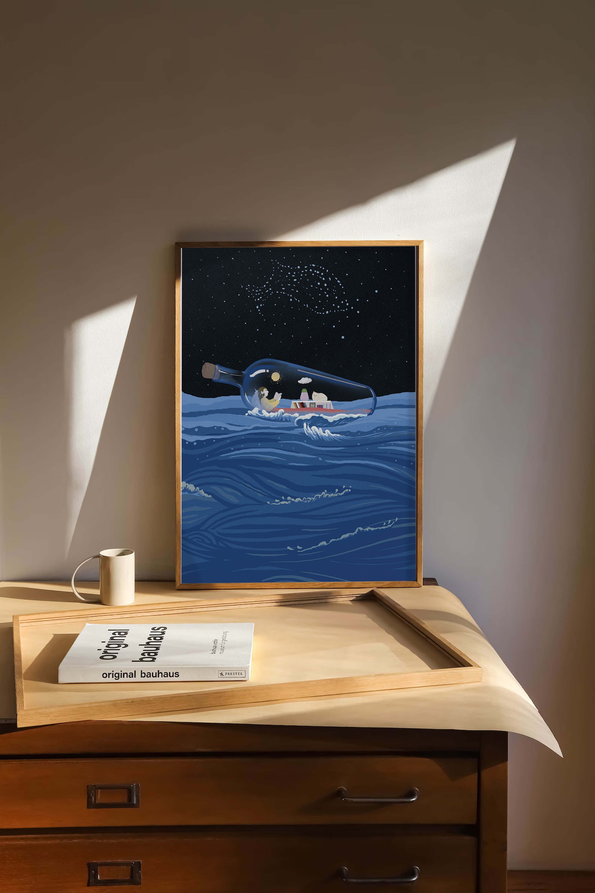 Surreal illustration of a bottle on the ocean with a starry night sky